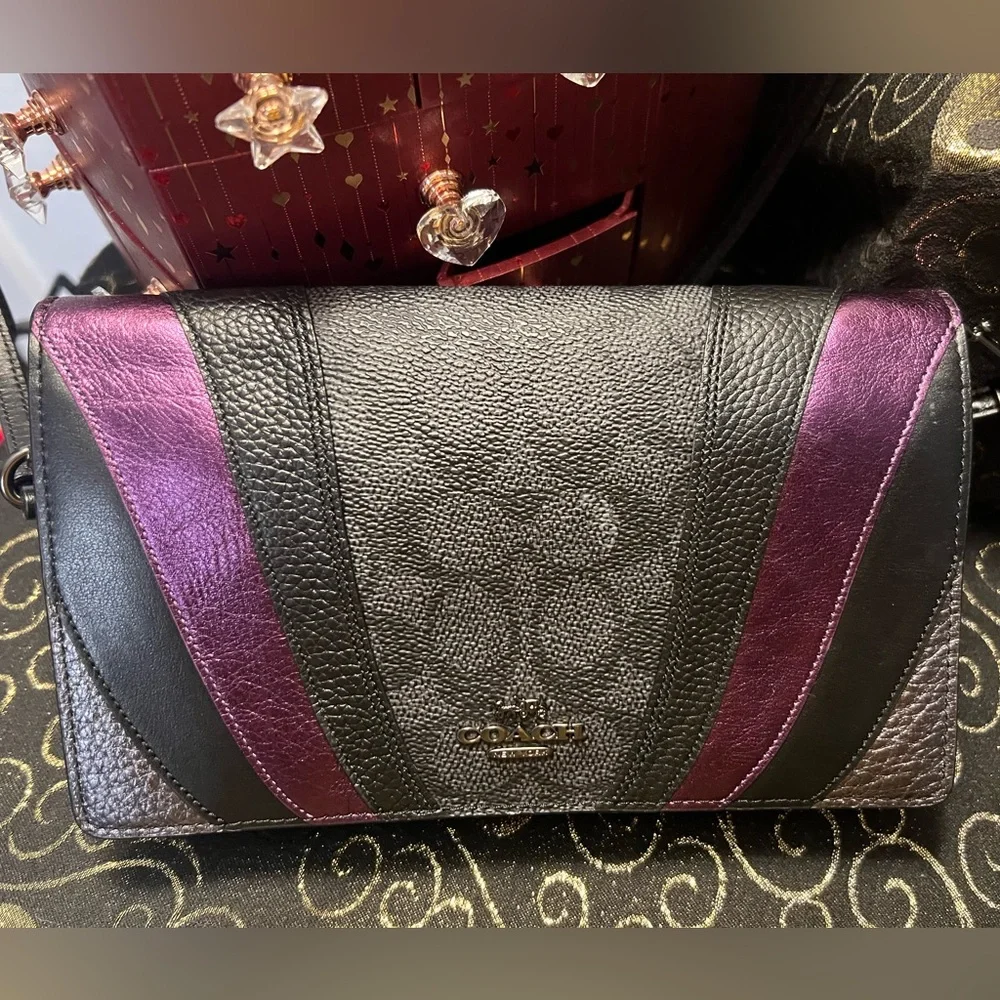 COACH Anna Purple & Black Color block Leather Crossbody Handbag Clutch